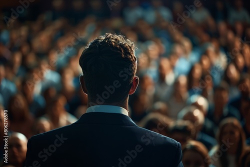 A man standing confidently in front of a crowd, delivering a speech with intensity and emotion