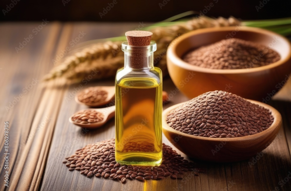 a small transparent glass bottle of essential linseed oil on a wooden table, a pile of flax seeds, eco-friendly medicinal solution, natural background, sunny day a small transparent glass bottle of essential linseed oil on a wooden table, a pile of flax seeds, eco-friendly medicinal solution, natural background, sunny day