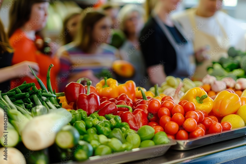 A group of individuals standing around a table brimming with various fresh vegetables, engaged in conversation or meal preparation