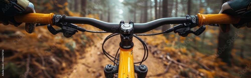 Obraz premium A yellow bicycle parked on a trail in a wooded area