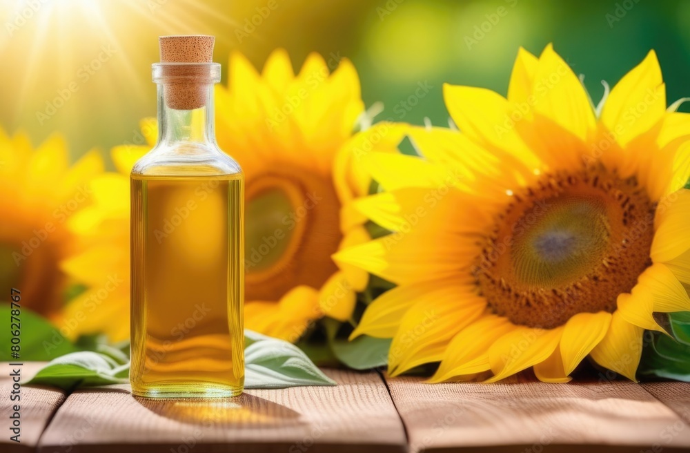 a small transparent glass bottle of sunflower oil on a wooden table, fresh yellow flowers, eco-friendly medicinal solution, a field of sunflowers on the background, a sunny day a small transparent glass bottle of sunflower oil on a wooden table, fresh yellow flowers, eco-friendly medicinal solution, a field of sunflowers on the background, a sunny day
