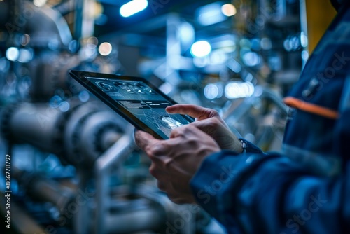 An engineer in a factory is using a tablet to analyze data. Their hands are focused on the screen  showcasing a modern industrial work environment