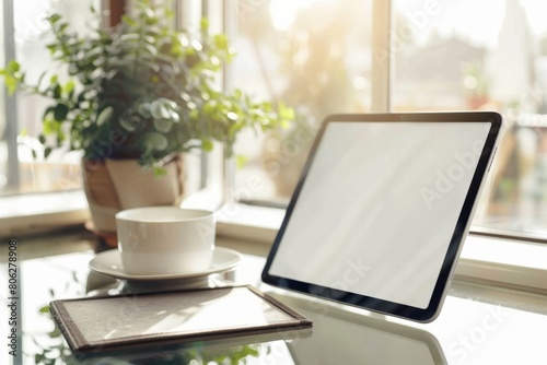 A laptop computer is placed on top of a glass table in a modern setting