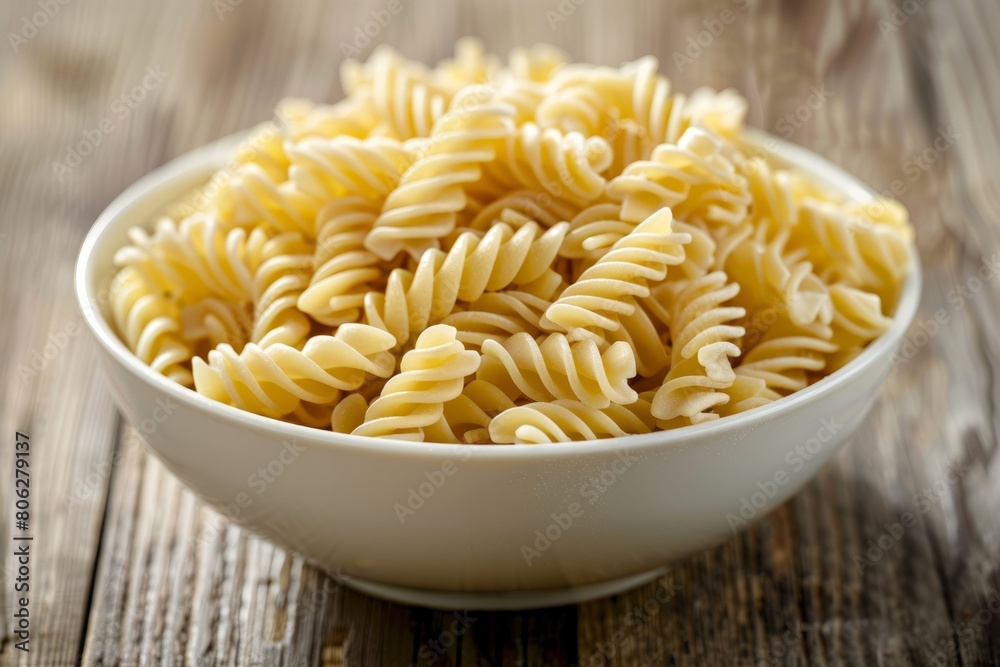 White bowl filled with fusilli pasta sitting on a wooden table