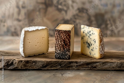 Three different types of artisan cheeses arranged on a rustic wooden board