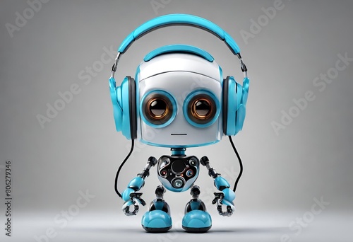 Robot tierno con audífonos azules sobre un fondo de color gris