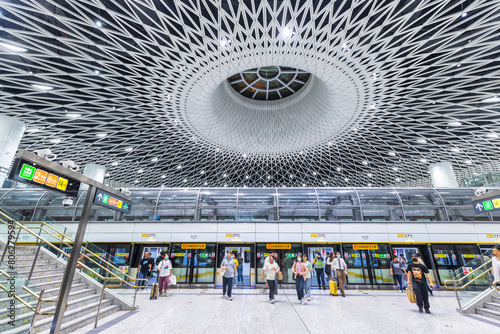 Shenzhen -11 April 2021: Shenzhen Metro transit modern architecture in public transport underground station Gangxia North in Shenzhen, China