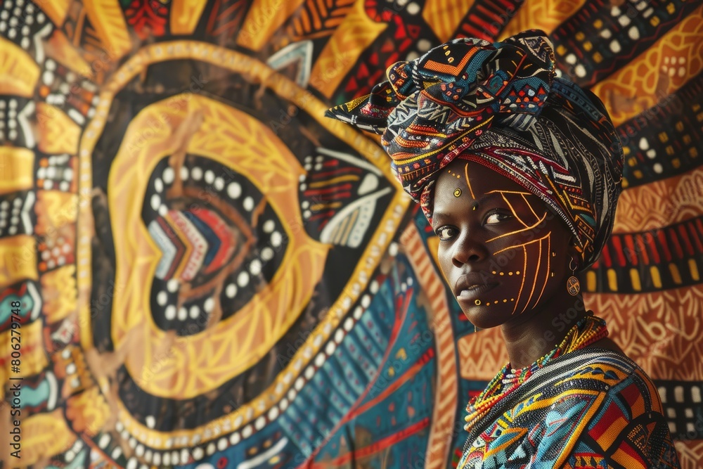 A woman with a painted face and headdress is standing in front of a painting, showcasing traditional African tribal patterns