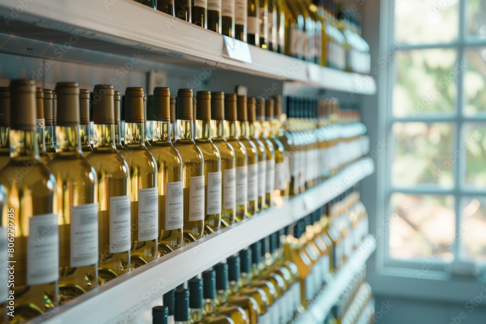 A high-angle view of a wall filled with neatly arranged bottles of wine next to a window, bathed in natural light