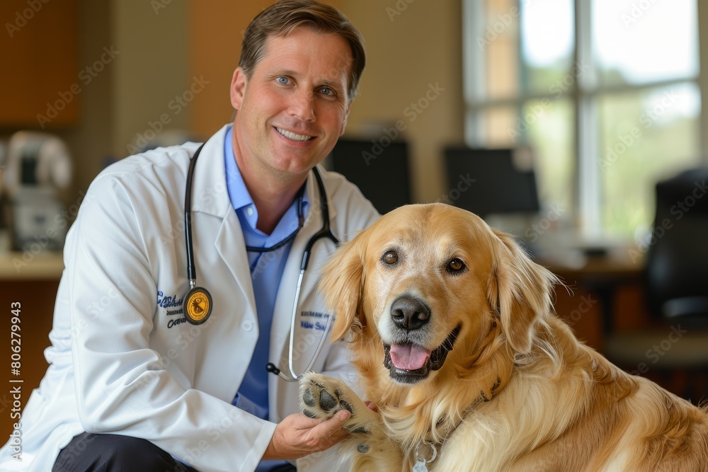 A male veterinarian in a white coat sitting beside a golden retriever, holding a stethoscope, examining the dog