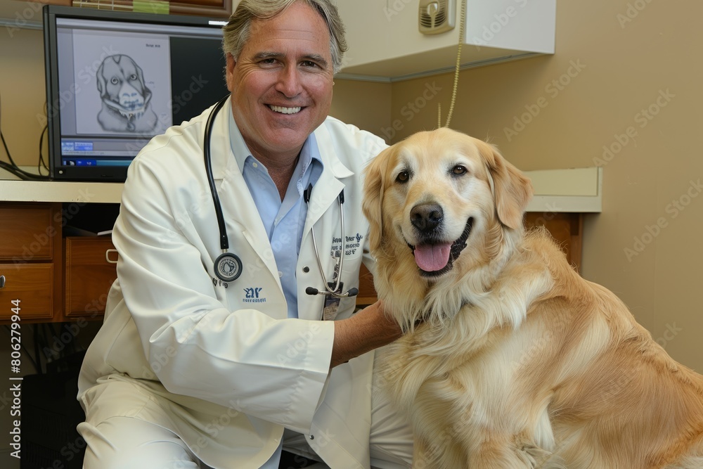A male veterinarian in a lab coat kneeling next to a golden retriever, holding its paw and examining it closely