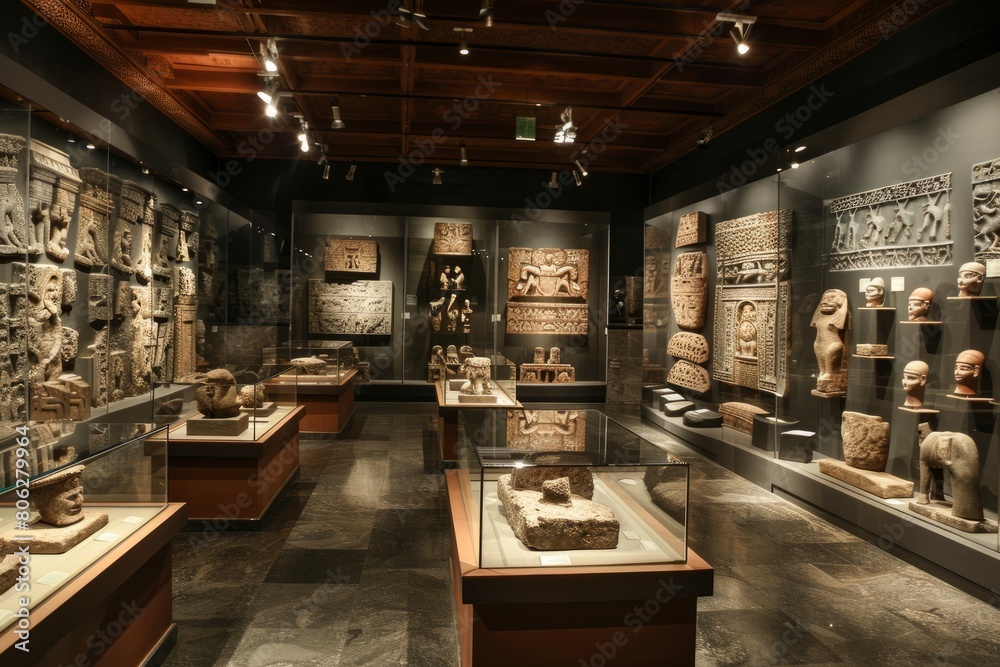 A museum exhibit room filled with numerous ancient artifacts displayed in glass cases under dim lighting