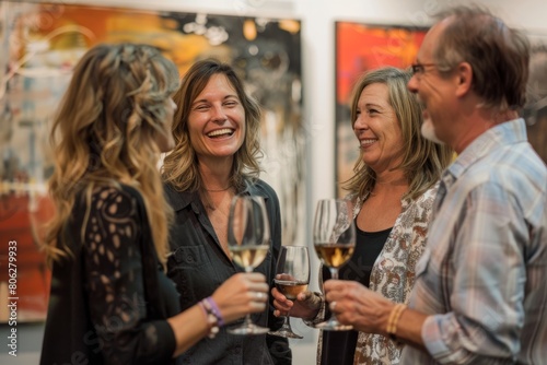 A group of friends in their 20s and 30s standing together, each holding a wine glass at a wine tasting event