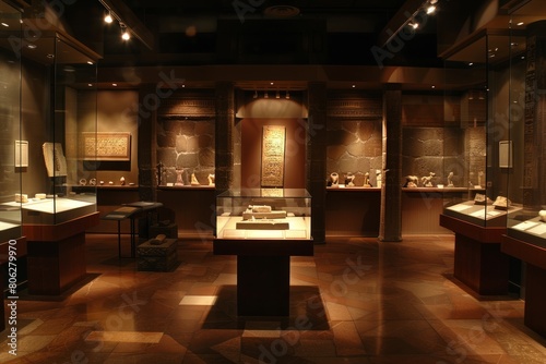 A museum exhibit room filled with ancient artifacts displayed in numerous glass cases under dim lighting