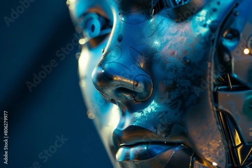 A close shot of a robotic face with glowing eyes illuminated against a deep blue backdrop