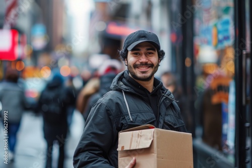 A delivery man smiles confidently while holding a package on a busy city sidewalk © Ilia Nesolenyi