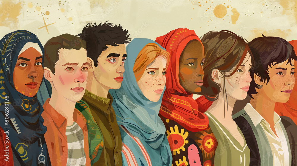 Artful illustration showcasing a diverse group of refugee women and men united in resilience and hope, against a vibrant backdrop
