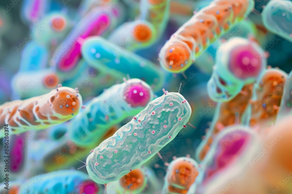 Close-up of various bacteria in a green-blue environment, showcasing different forms and textures, representing diversity in microscopic life, bacillus, macrophotography Close-up of various bacteria in a green-blue environment, showcasing different forms and textures, representing diversity in microscopic life, bacillus, macrophotography