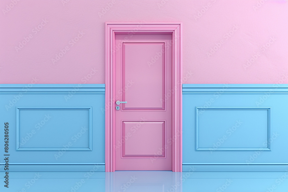 Creative pastel door on blue and pink wall. 3d render.