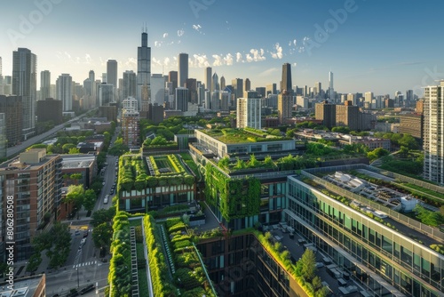 An aerial perspective of a city with towering buildings  showcasing urban development and green spaces