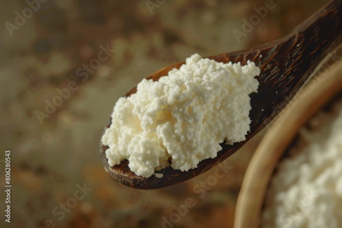 Cottage cheese on a wooden spoon placed on a table, showcasing its creamy texture
