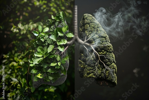 A stark contrast between healthy lungs covered in plants and polluted lungs enveloped in smoke