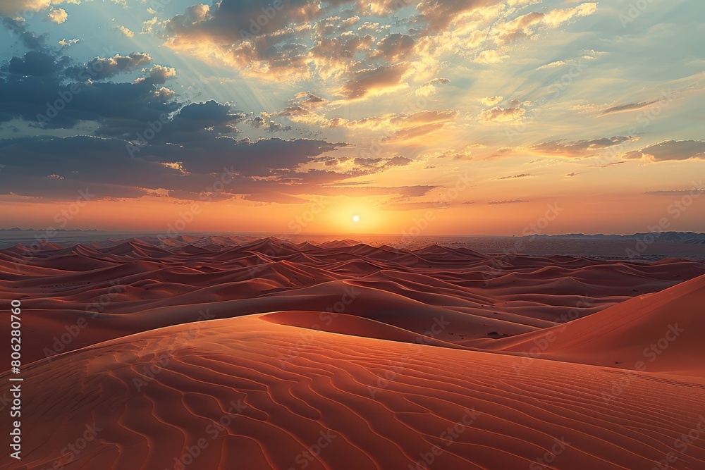 The sun dips below the horizon, casting a warm glow over the expansive desert landscape dotted with sand dunes