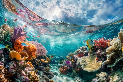 A vibrant coral reef with assorted fish seen through clear water in a wide-angle shot