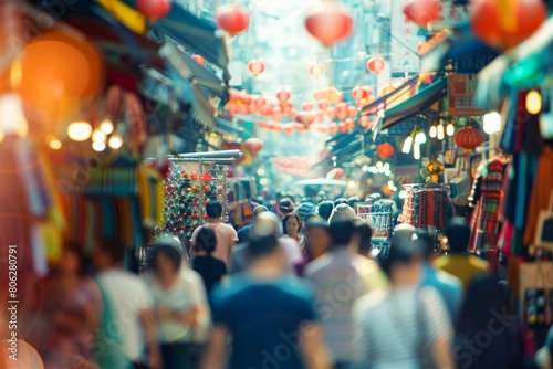 Crowded street with diverse shoppers walking, blurred motion effect