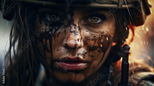 Close up portrait of a beautiful female soldier with blood on her face