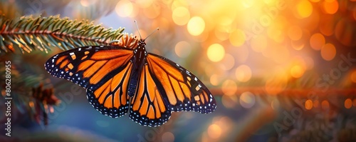 Monarch butterfly breaking free from its shimmering cocoon against a backdrop of dawn, symbolizing rebirth. photo