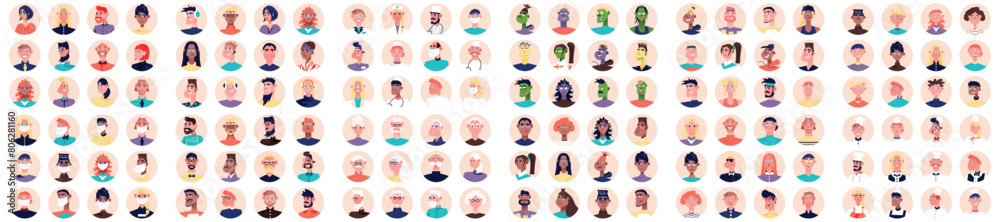 Mega set flat people avatars icons. Portraits of female and male mascots. Contains such cartoon characters Business, Emoji, Hipster, Zombie, Medical, Designer and more. Bundle vector illustrations. Mega set flat people avatars icons. Portraits of female and male mascots. Contains such cartoon characters Business, Emoji, Hipster, Zombie, Medical, Designer and more. Bundle vector illustrations.