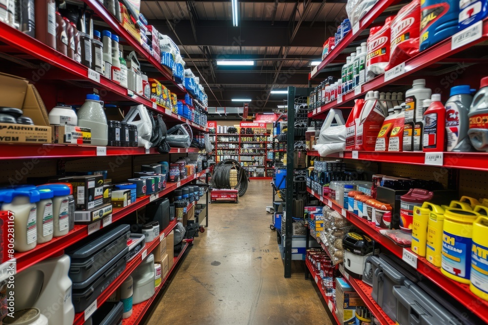 A commercial auto parts store filled with a variety of automotive maintenance products and accessories neatly arranged on shelves