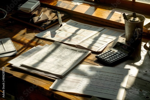 Overhead view of papers, invoices, ledger, and calculator neatly arranged on a wooden table