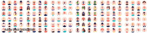 Mega set flat people avatars icons. Portraits of female and male mascots. Contains such cartoon characters Business, Emoji, Hipster, Zombie, Medical, Designer and more. Bundle vector illustrations.