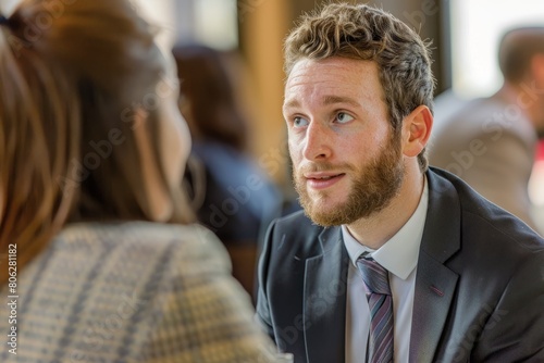 A man in a suit and tie converses with a woman at a networking event, exchanging ideas and information