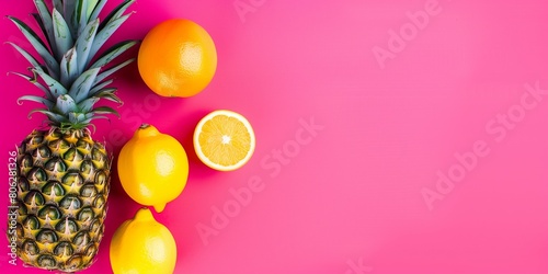 Fruits on vivid pink background with copy space. Healthy diet concept.