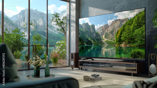 Smart TV in living room. 3D rendering.