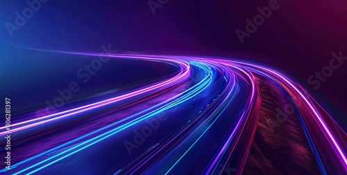 Background with glowing light speed lines on a dark background. © mantul