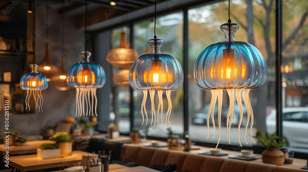 Obraz premium Cozy cafe with creative jellyfish shaped lamps