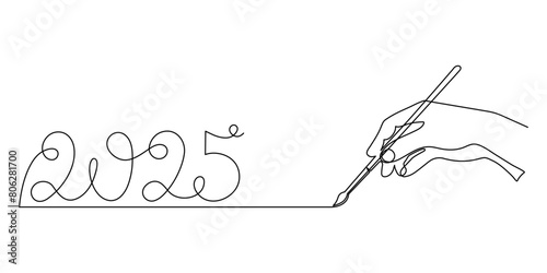 Hand writes 2025 one line art, hand drawn continuous contour. Holiday concept, festive New year handwriting text, minimalist design. Editable stroke. Isolated. Vector illustration