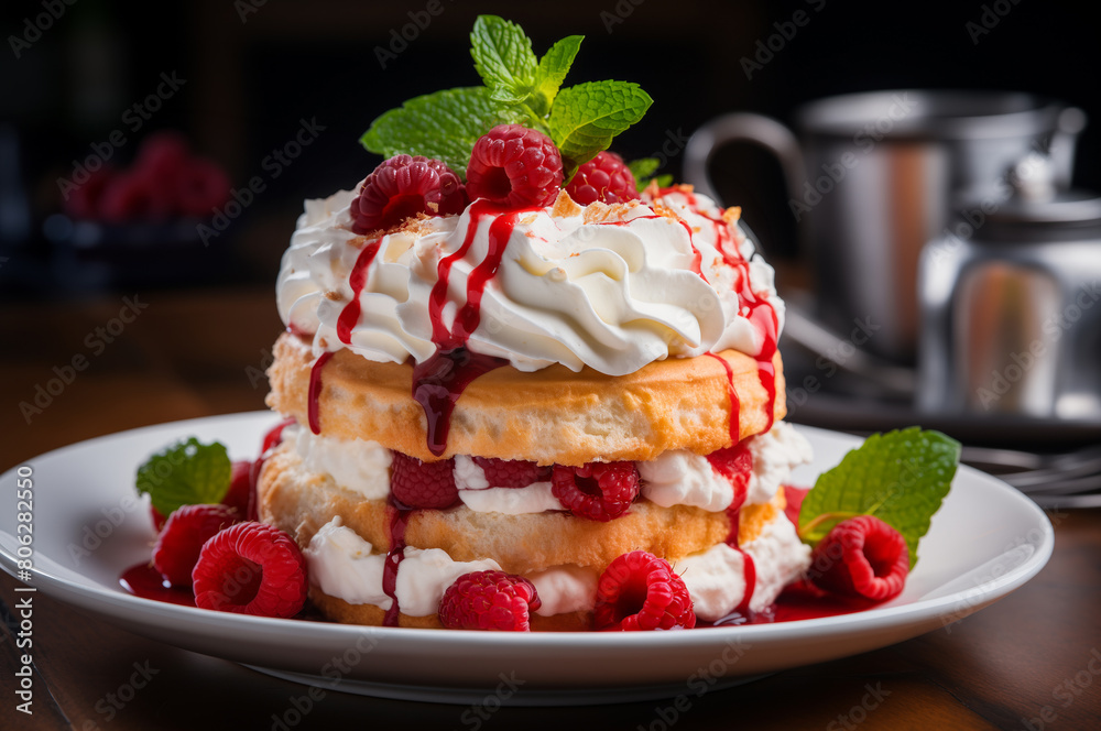 Raspberry shortcake. A delectable dessert with fresh whipped cream, raspberries, and berry sauce on a plate. A heavenly treat for berry lovers. Horizontal, close-up, side view.