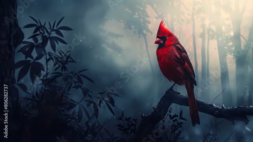 A red cardinal is sitting on a branch in the woods. photo