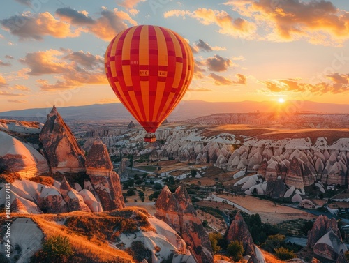 A hot air balloon rises above a lush valley