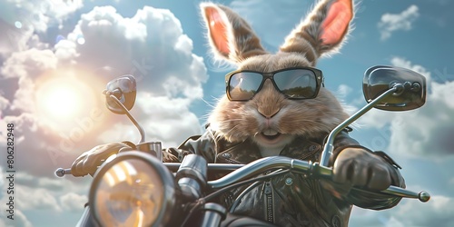 A rabbit wearing sunglasses and leather jacket is riding a motorcycle in the clouds. © Matee