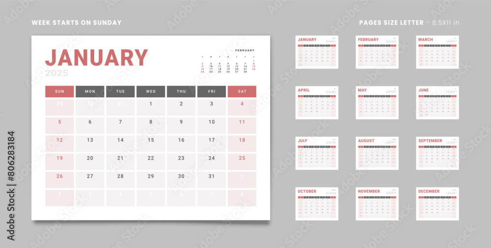 Set of 12 Pages Monthly Calendar Planner Templates on 2025 year with 2 weekend. Vector mockup of a wall or desktop calendar with the week start on Sunday for print. Pages size Letter -8.5x11 in