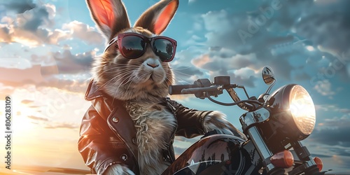 A rabbit is wearing sunglasses and leather jacket, sitting on a motorcycle. The sky is filled with clouds, and there is a setting sun in the background. photo