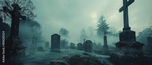 Eerie mist swirls around tombstones in a haunted graveyard, creating a spooky and mysterious atmosphere.