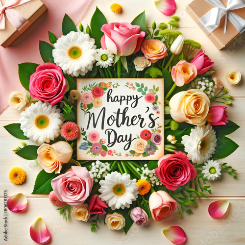 a framed poster for mother's day with flowers and a card that says happy mothers day
