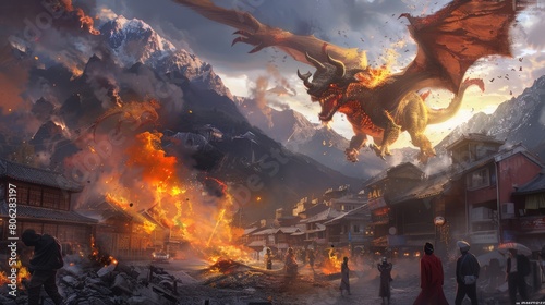 Spectacular fantasy art of dragons attacking a mountain village, a metaphor for unstoppable natural forces photo